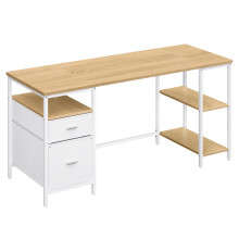 (Natural Oak, Cloud White) Computer Desk with Storage, 2 Drawers, 3 Shelves, Writing Table for Home Office, Industrial Style