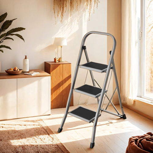 Songmics (Grey) 3-Tier Folding Stool, Step Ladder with Safety Lock, for Home Storage 1