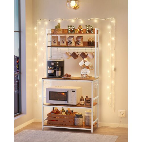 VASAGLE Coffee Bar, Kitchen Storage Rack, with Power Outlet, Metal Wire Panel, 14 Hooks, for Microwave, Rustic Walnut and White 2