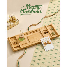 Bamboo Bath Tray, Extendable Bath Caddy Tray, Foldable, Non-Slip Bathtub Tray, with Wine Glass, Tablet, Book, Towel Holders, Natural Beige
