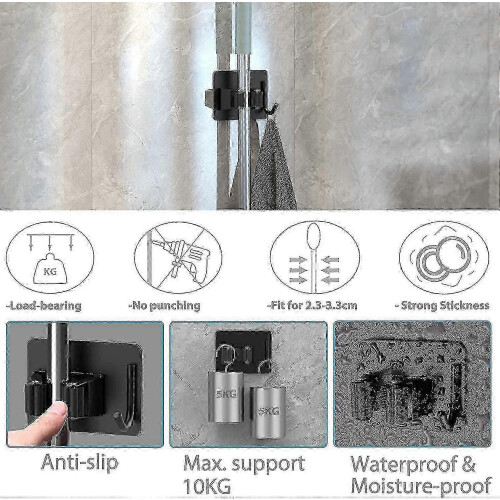 Set di 4 supporti per scope e mop in acciaio inox, organizer da parete autoadesivo con ganci multiuso. 2