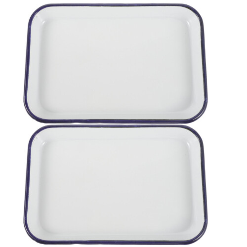 2Pcs White Enamel Roasting Pans Rectangular Deep Baking Tray Oven Safe