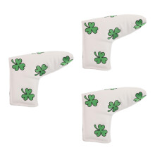 3Pcs White Putter Mallet Covers PU Golf Headcovers with Lucky Shamrock