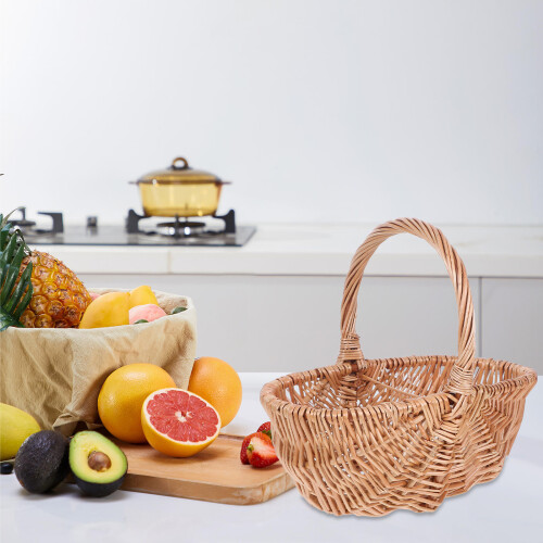 Light Brown Handwoven Willow Picnic Basket for Eggs and Vegetables 2
