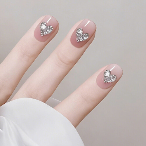 (XS) Ongles Faux Rose Blush Strass