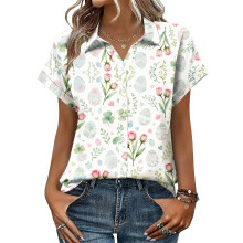 Women's Button-Down Shirts, Short Sleeve, V-Neck,-Beige S
