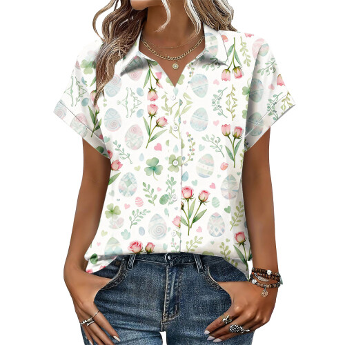 Women's Button-Down Shirts, Short Sleeve, V-Neck,-Beige S