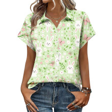 Women's Button-Down Shirts, Short Sleeve, V-Neck,-Mint S