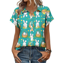 Women's Button-Down Shirts, Short Sleeve, V-Neck,-Sky Blue M