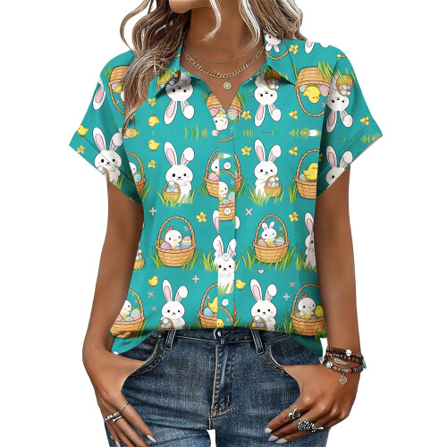 Women's Button-Down Shirts, Short Sleeve, V-Neck,-Sky Blue M