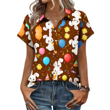Women's Button-Down Shirts, Short Sleeve, V-Neck,-Khaki XL