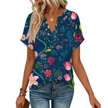 Women's Short Sleeve V-Neck Blouses, Work Blouses,-Sky Blue XL