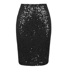 Glitters Sequins High Rise Tight Pencil Skirt Curved-Black S