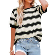 Women's casual cotton  short-sleeved shirt, round neck-Black M