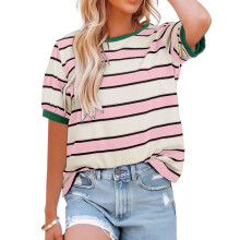 Women's casual cotton  short-sleeved shirt, round neck-Pink XXL