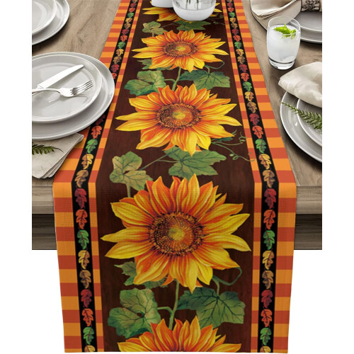Caminho de mesa em linho misto com estampa de girassóis, 33 x 229 cm (13 x 90 polegadas)