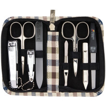 3 Swords Germany - kvalitets 8-delars manikyr pedikyr grooming kit syntetläder fodral rutigt - Tillverkat i Tyskland