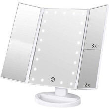 Flymiro Tri-fold Ljus Sminkspegel med 3x/2x/1x Förstoring, 21 LED-ljus och Touch Screen