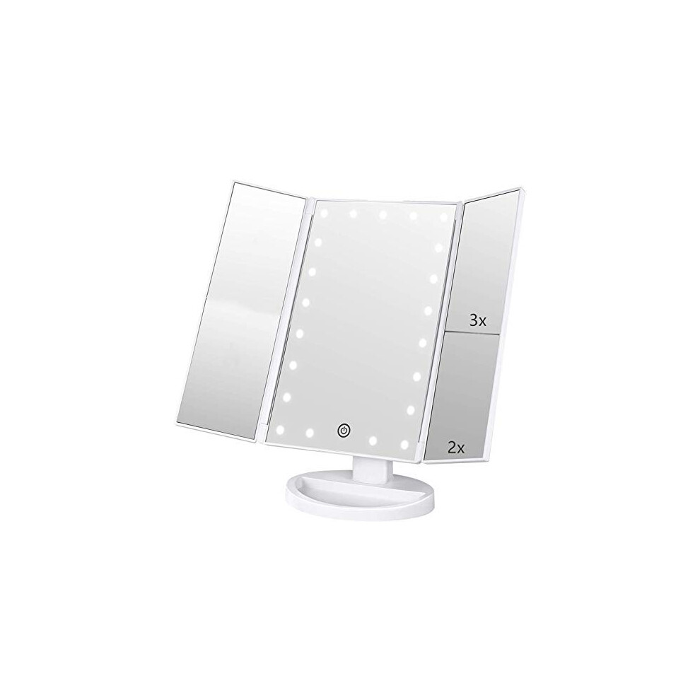 Flymiro Light Tri-Fold Ed Vanity Makeup Mirror With 3X/2X/1X Magnification, 21Leds And Touch Screen,180 Degree Free Rotation Countertop Travel Co