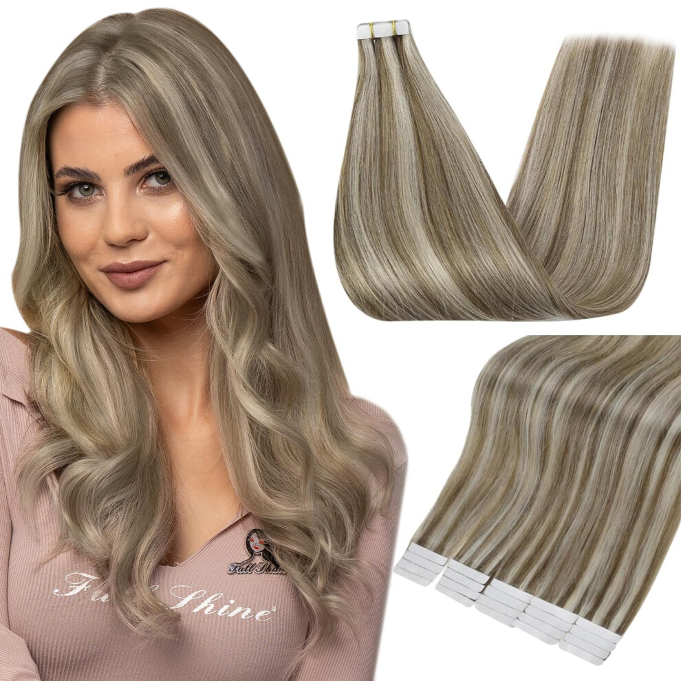 Fshine Full Shine Tape In Hair Extensions 20Inch Tape In Remy Hair Extensions Tape In Hair Color 8 Ash Brown Highlighted 60 Platinum Blonde Natural Human Hai