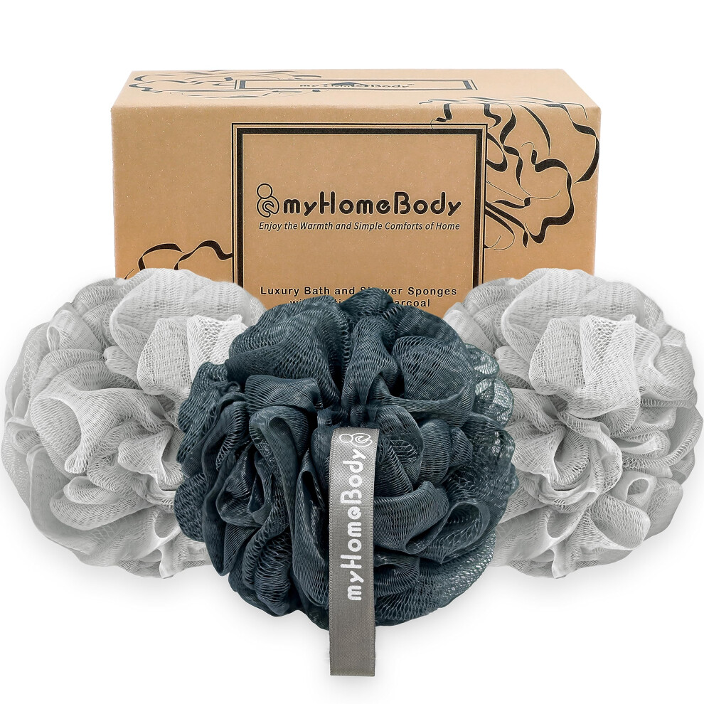 Myhomebody Large 70G Loofah Sponge, Body Scrubber, Bath Sponge, Loofah For Women, Men, Exfoliating Sponge Shower Pouf With Activated Charcoal