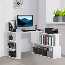 HOMCOM Corner Computer Desk with Rotating Design and Bookshelf, White