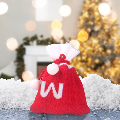 Christmas Knit Drawstring Gift Bag Red White Santa Sack 1