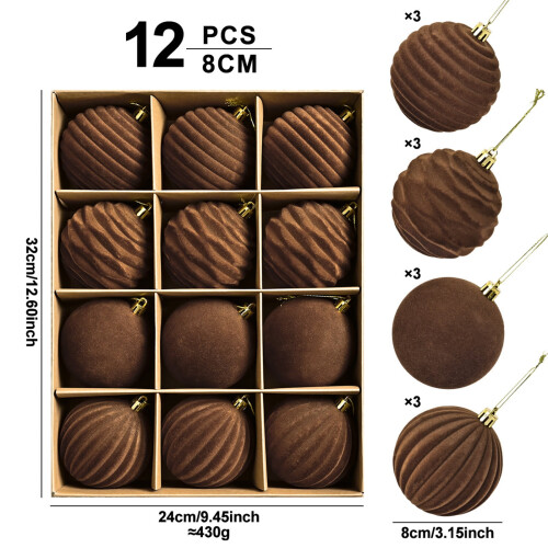 Christmas Tree Ornaments Flocked Brown Balls 12-Pack 8 cm 2