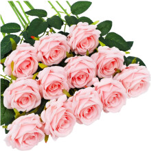 Roses artificielles Morttic Pink, 12 fleurs artificielles en velours Ă longue tige