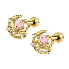 Moon Stud Earrings Pink Heart Crystal 1 Pair