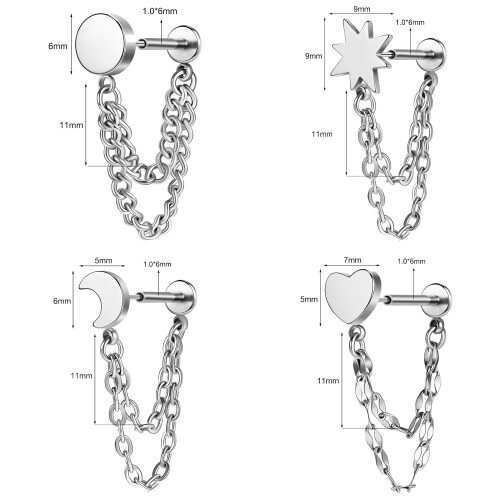 Stainless Steel Stud Earrings with Chain 4 Pcs 1