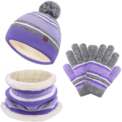 Set composto da cappello, sciarpa e guanti in maglia per bambini, colore viola, foderati in pile.