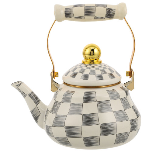Vintage Enamel Teapot for Stove Checkerboard Pattern with Handle