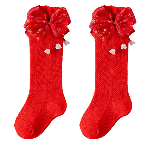 Childrens Calf Socks Elegant Style Lace Edge Multiple-Red M