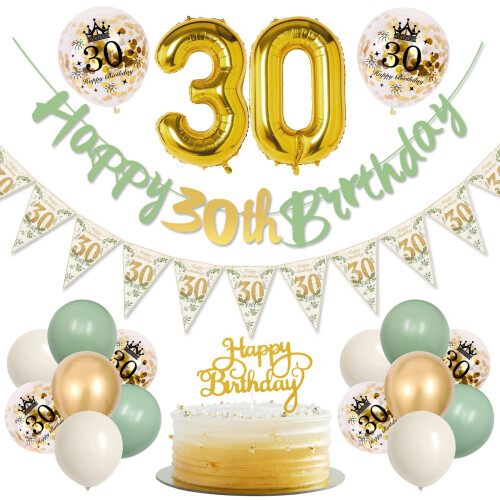 Salviagrönt & Guld Dekorationsset för 30-årsdag