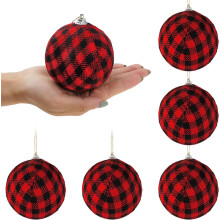 6 Pack Fabric Buffalo Check Christmas Balls