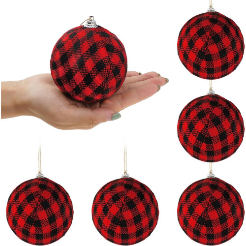 6 Pack Fabric Buffalo Check Christmas Balls