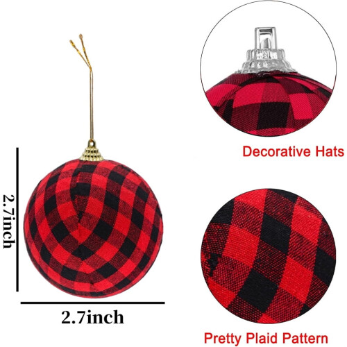6 Pack Fabric Buffalo Check Christmas Balls 1