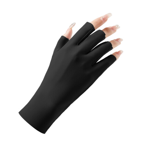 Luvas femininas sem dedos com proteção solar, em nylon e elastano pretos. 2