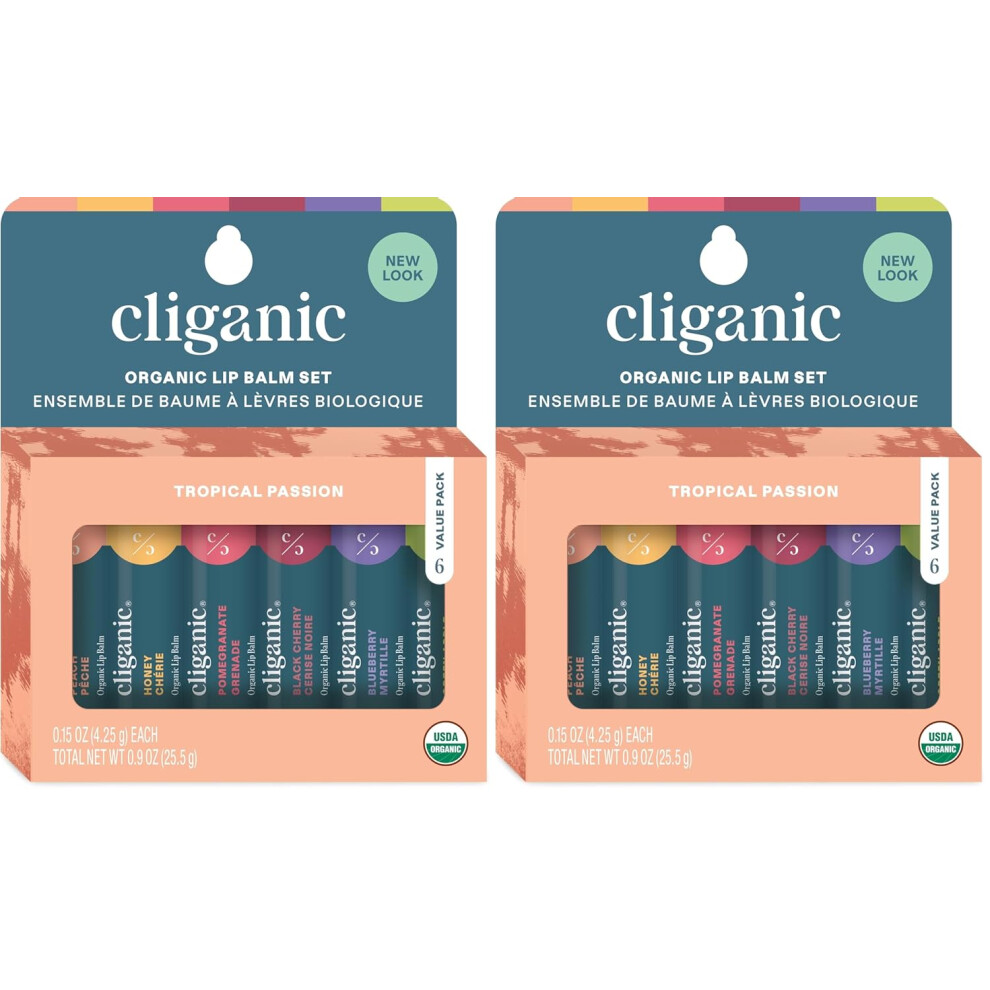 Cliganic Organic Lip Balm Set - 6 Tropical Flavors - 100% Natural Moisturizer For Cracked & Dry Lips (Pack Of 2) (Tropical Passion)