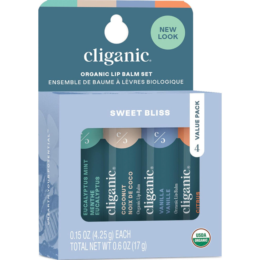 Cliganic Organic Lip Balm Set - 4 Flavors - Natural Hydrating For Cracked & Dry Lips