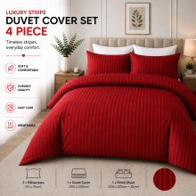 (Single , Burgundy) Hotel Quality Stripe Duvet Cover Luxury 4-Piece Complete Bedding Set Quilt Cover With Fitted Sheet & Pillowcases