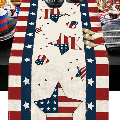 Caminho de mesa com estrelas vermelhas, brancas e azuis, 33 x 183 cm