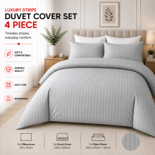 (Double , Silver) Hotel Quality Stripe Duvet Cover Luxury 4-Piece Complete Bedding Set Quilt Cover With Fitted Sheet & Pillowcases