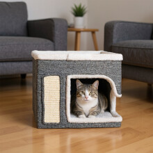 2-in-1 Cat House with Scratch Pad and Fluffy Ball