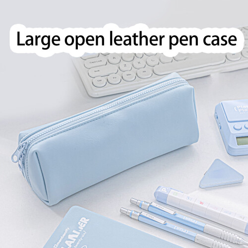 Waterproof PU Leather Pencil Case Zippered Pencil Pouches-Blue 2