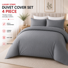 (King , Grey) Hotel Quality Stripe Duvet Cover Luxury 4-Piece Complete Bedding Set Quilt Cover With Fitted Sheet & Pillowcases