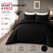 (Super King, Black) Hotel Quality Stripe Duvet Cover Luxury 4-Piece Complete Bedding Set Quilt Cover With Fitted Sheet & Pillowcases