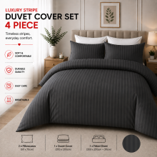 (Super King, Charcoal) Hotel Quality Stripe Duvet Cover Luxury 4-Piece Complete Bedding Set Quilt Cover With Fitted Sheet & Pillowcases