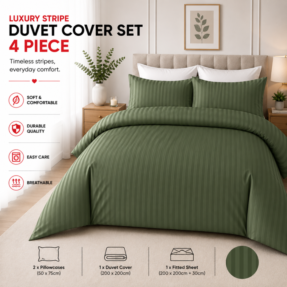 Yorkshire Bedding (Super King, Olive Green) Hotel Quality Stripe Duvet Cover Luxury 4-Piece Complete Bedding Set Quilt Cover With Fitted Sheet & Pillowcases